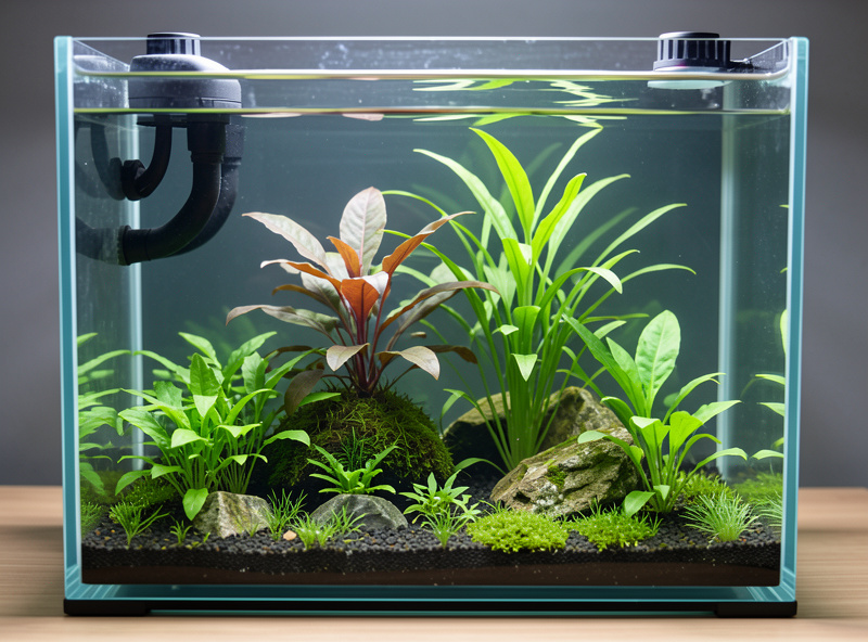A stable thriving nano aquarium with an auto top-off quietly maintaining a steady water level, healthy plants