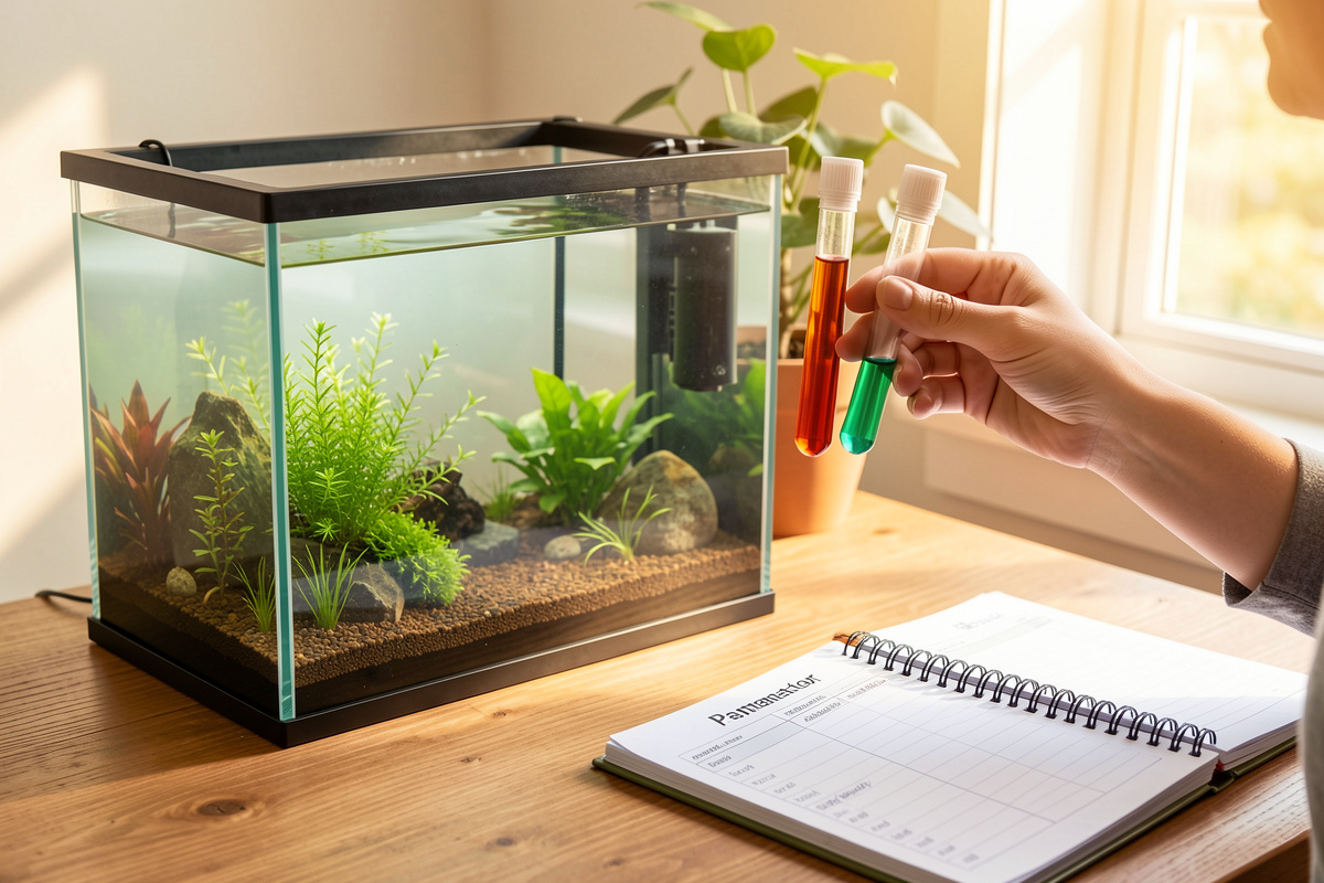 Testing nano aquarium water parameters with a logbook