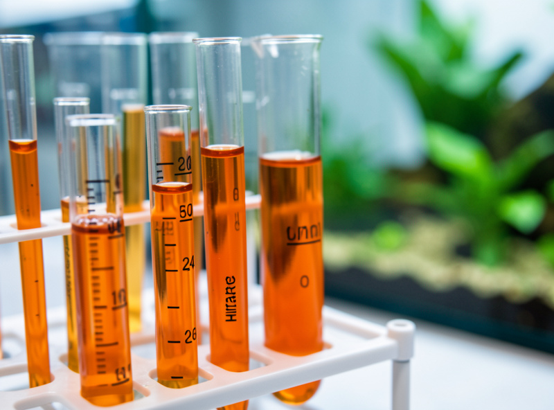 Aquarium test tubes showing a high nitrate reading beside a nano tank