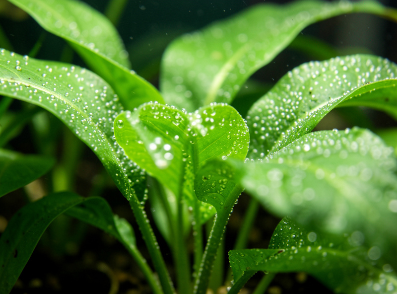 Healthy aquarium plants pearling with oxygen bubbles indicating correct light intensity