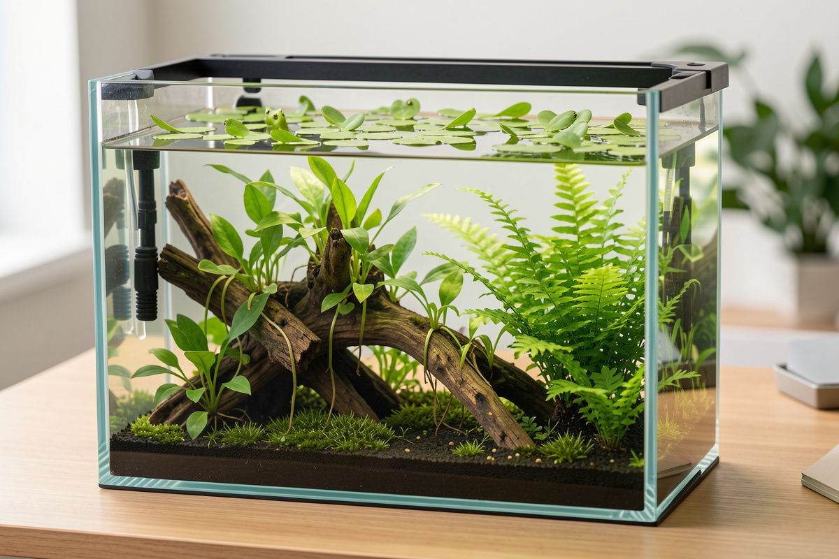 Low tech planted nano tank with Anubias and Java fern on driftwood
