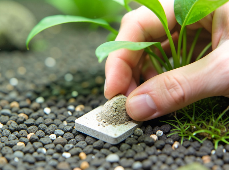 Hand pressing a root tab into the substrate beside a low tech aquarium plant