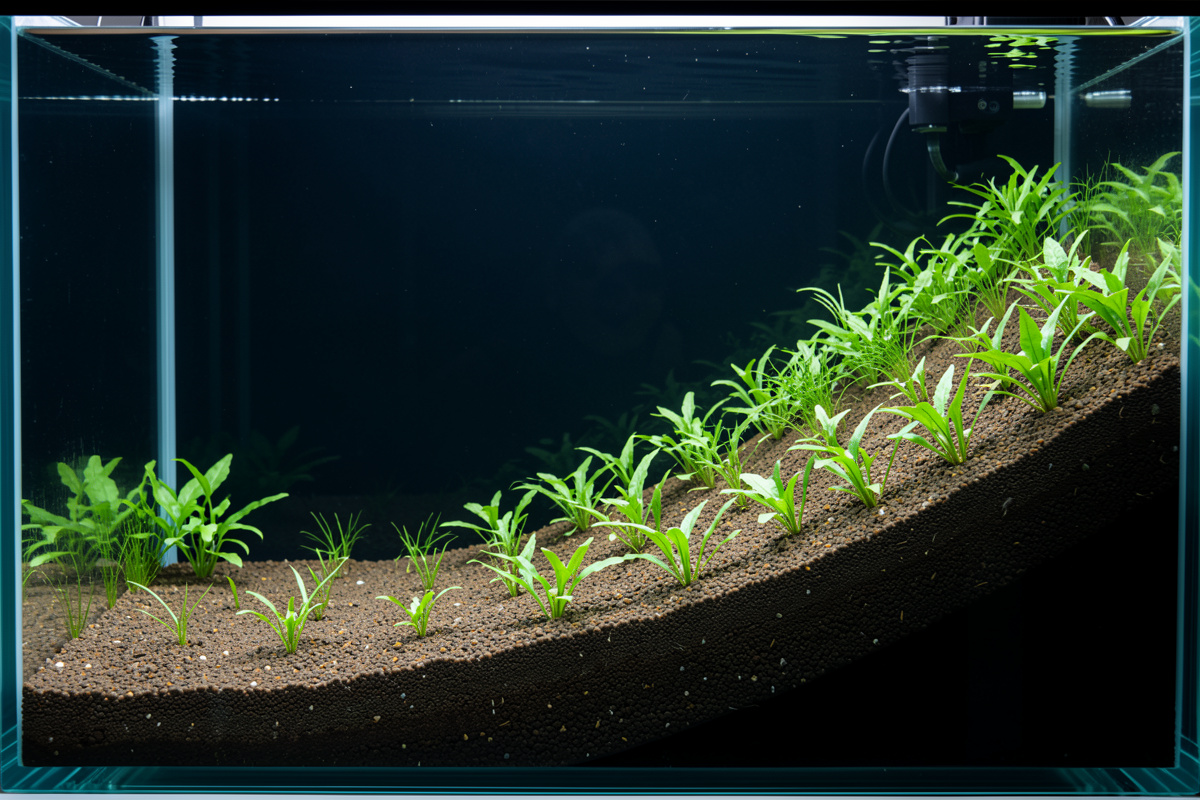 Planted nano aquarium substrate bed sloping from shallow front to deep back