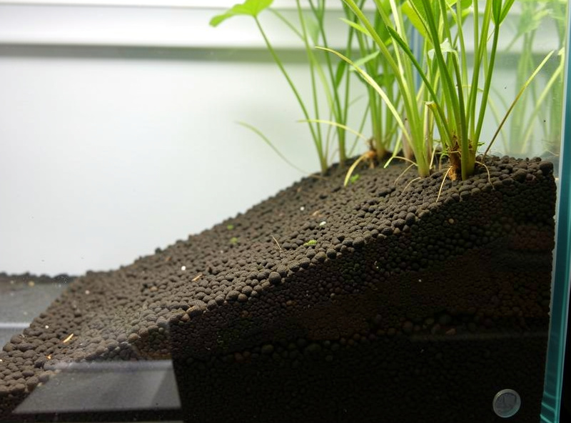 Side view of a planted nano aquarium showing a substrate bed sloping from shallow at the front to deep at the back