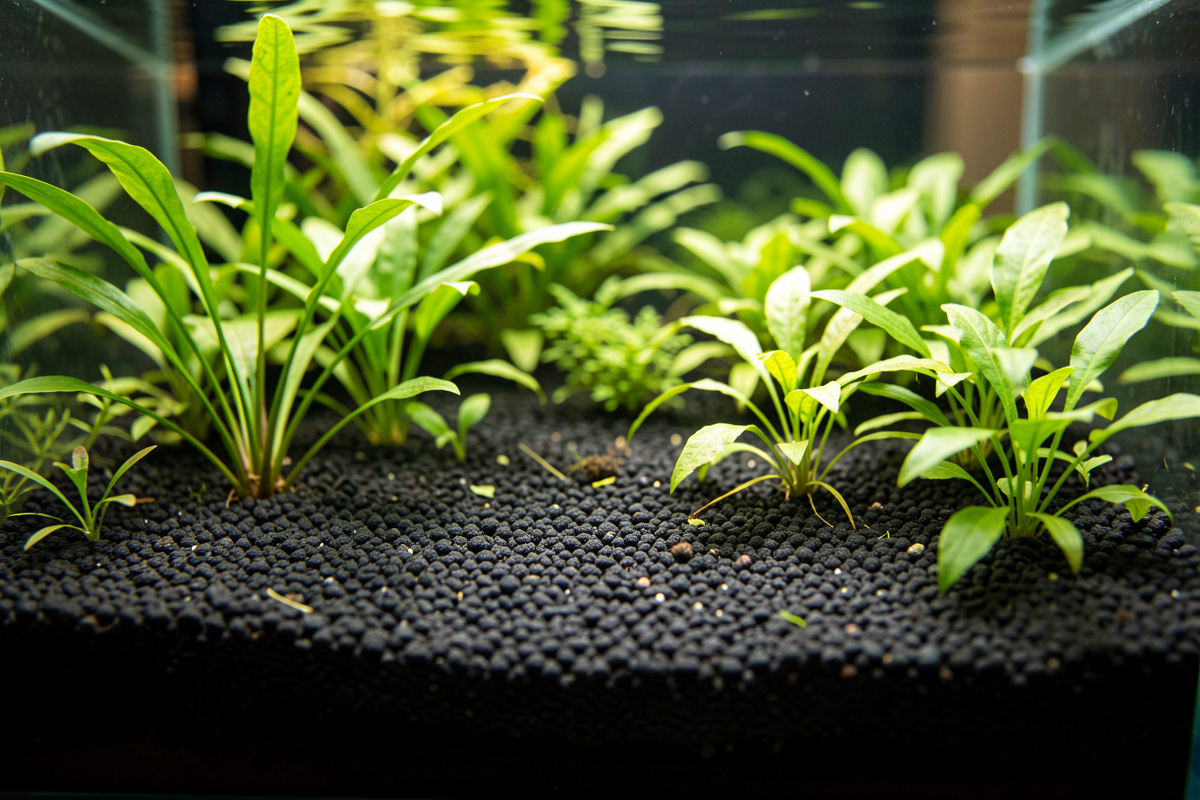 Planted nano aquarium with a deep sloped aqua soil substrate bed and lush aquatic plants
