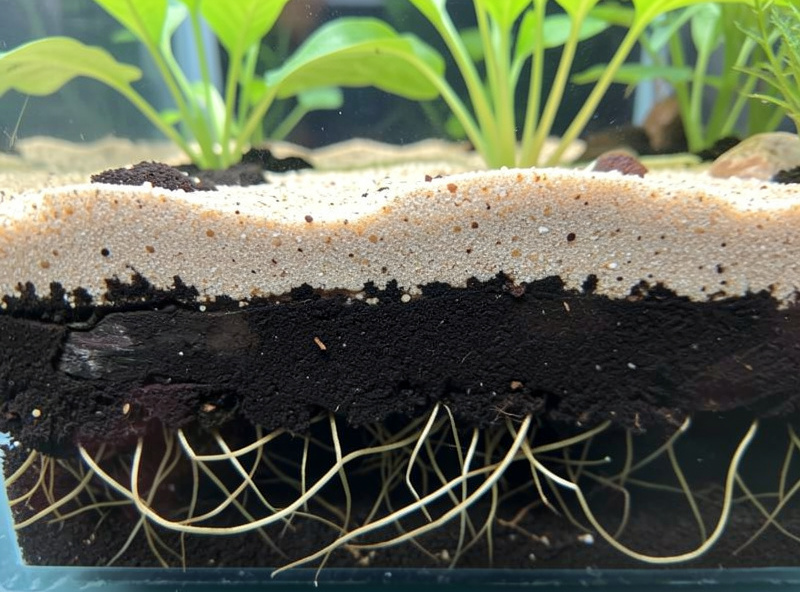 Cross-section of a capped planted tank substrate showing a dark soil base layer under a lighter sand cap