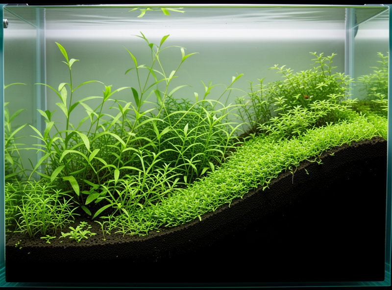 Planted nano aquarium with healthy rooted plants growing from a deep sloped substrate bed