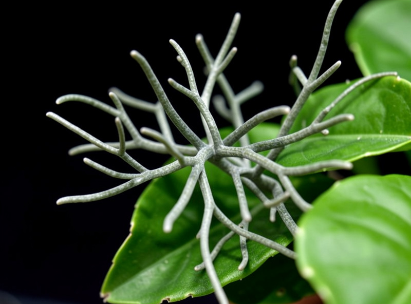 Extreme macro of grey-green branching staghorn algae strands growing from the edges of aquarium plant leaves