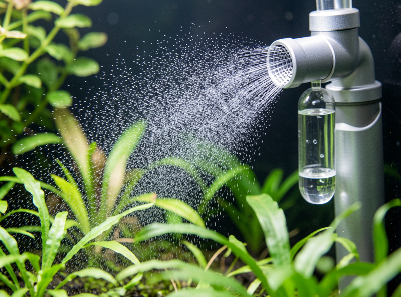 Close-up of a pressurized CO2 diffuser releasing fine bubbles in a planted nano aquarium with a bubble counter