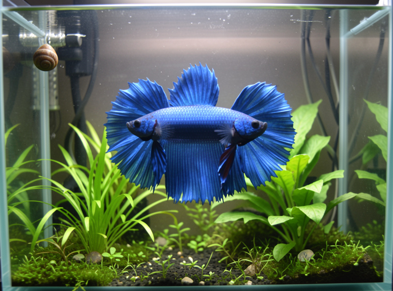 A single betta fish in a planted heated nano aquarium with snails