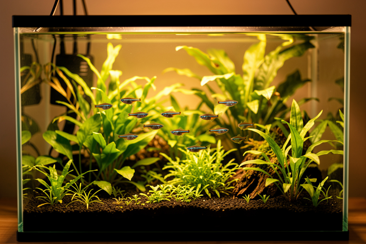 Planted 20 litre nano aquarium with a school of ember tetras