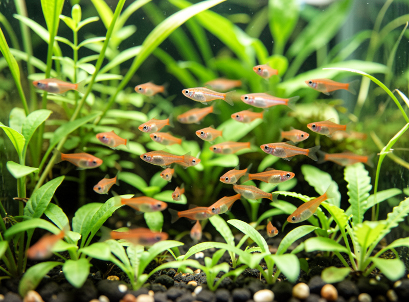 A 20 litre planted nano aquarium with a school of small rasboras swimming together
