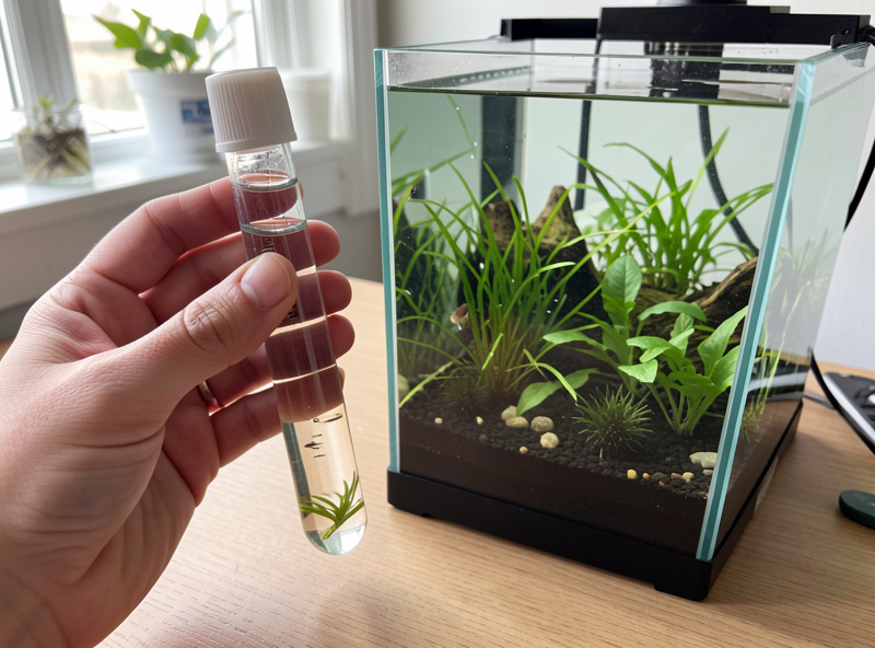 A keeper testing water parameters next to a planted 20 litre nano aquarium