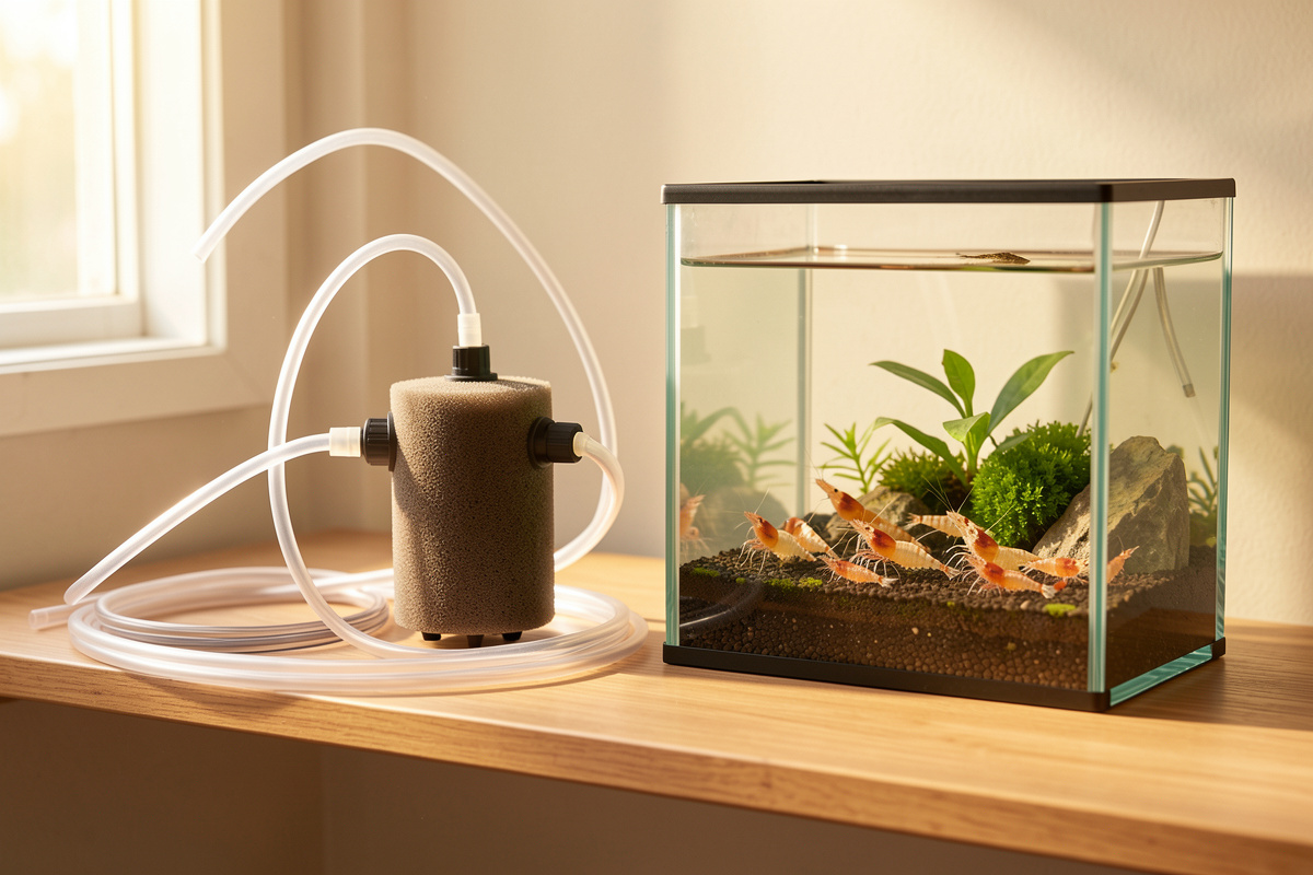 Small aquarium air pump beside a sponge filter and coiled airline tubing next to a shrimp nano tank