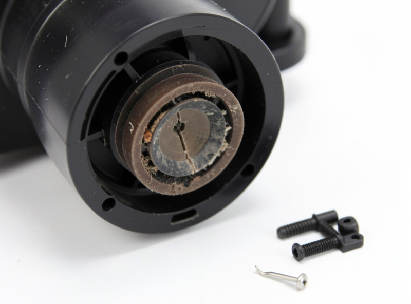 Opened aquarium air pump showing a perished rubber diaphragm with a small rebuild kit beside it