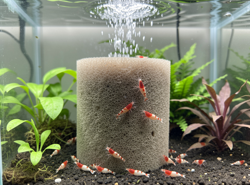 Sponge filter bubbling gently in a planted shrimp tank with red cherry shrimp grazing on the sponge