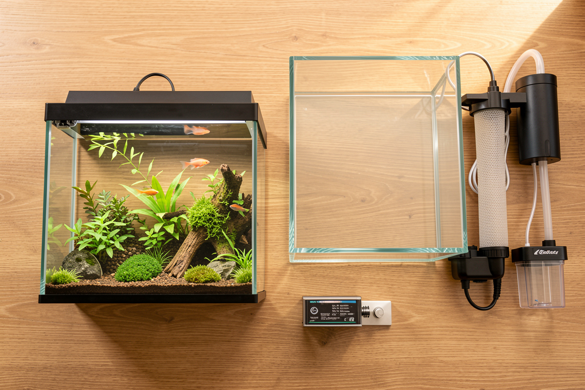 An all-in-one nano tank beside a bare tank with separate sponge filter, heater and light