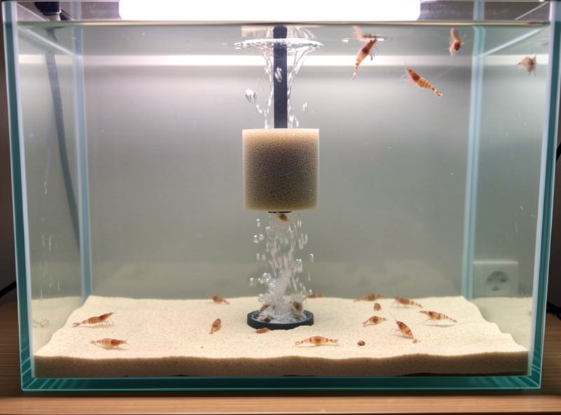 A bare-bottom shrimp tank with a single air-driven sponge filter and cherry shrimp on the glass