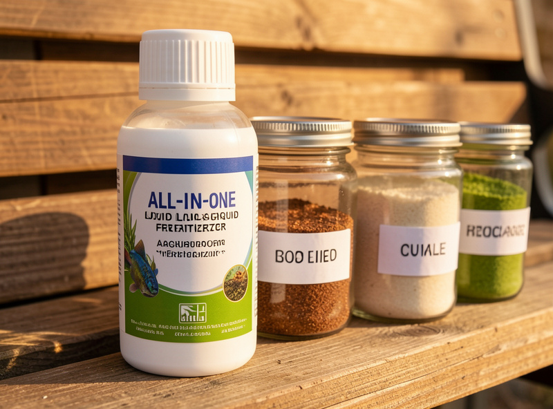 An all-in-one liquid aquarium fertilizer bottle beside labelled jars of dry salts on a bench