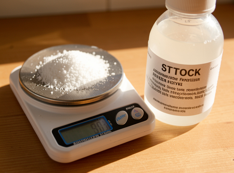 Dry aquarium fertilizer salts being weighed on a small digital scale for a stock solution