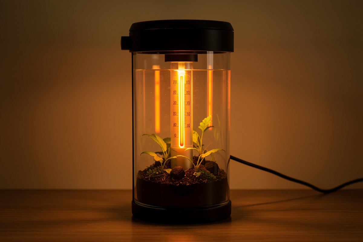 Submersible aquarium heater with a glowing element in a small planted tank beside a thermometer showing a high reading