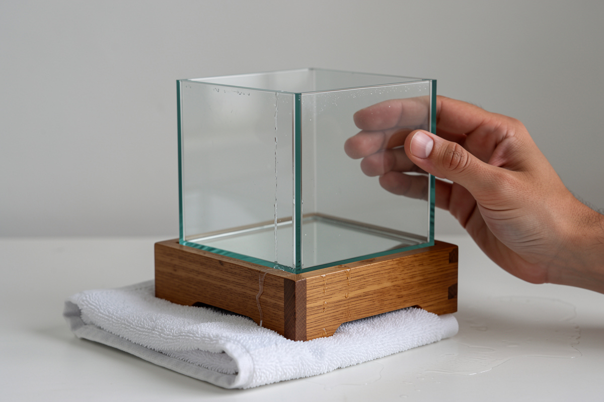 Small glass aquarium on a wooden stand with a thin wet line running down the outside corner seam