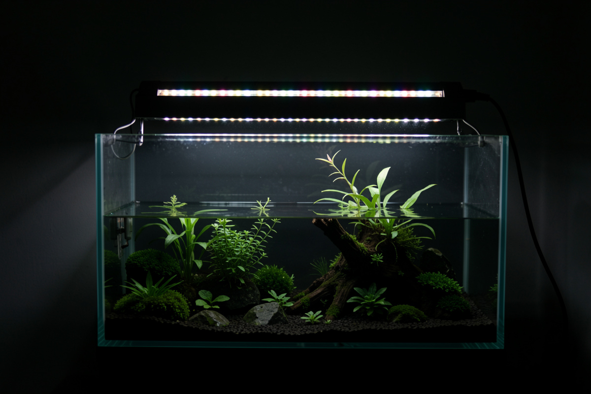 LED light bar over a small planted nano aquarium glowing unevenly and dim in a darkened room