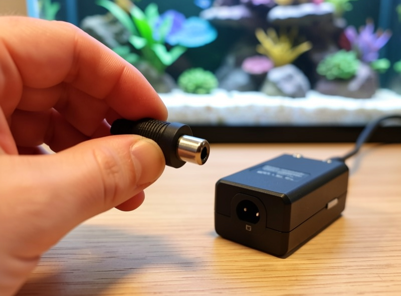 Hand inspecting a black DC barrel-jack connector and a small LED driver power brick on a desk beside an aquarium
