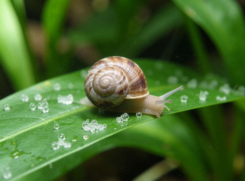 A single ramshorn snail on a green plant leaf in a planted nano aquarium