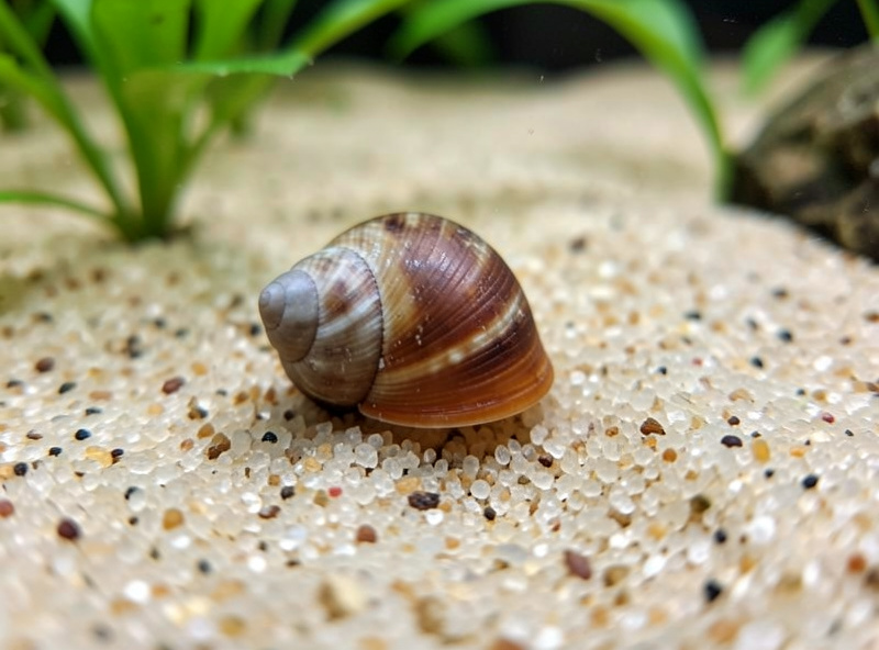 A Malaysian trumpet snail burrowing through the substrate of a planted nano tank