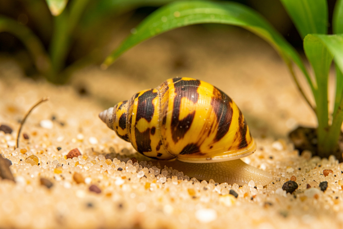 An assassin snail with a banded conical shell crawling across nano tank substrate