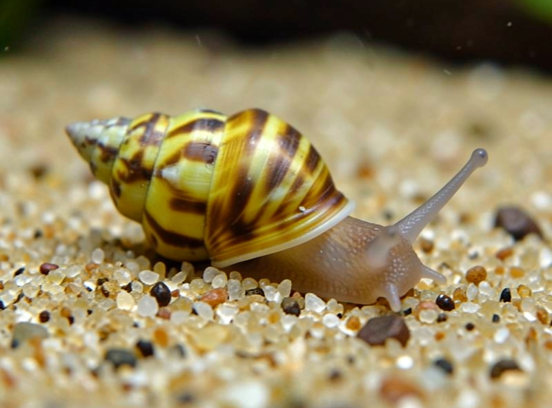 An assassin snail with a yellow and brown banded conical shell on aquarium substrate