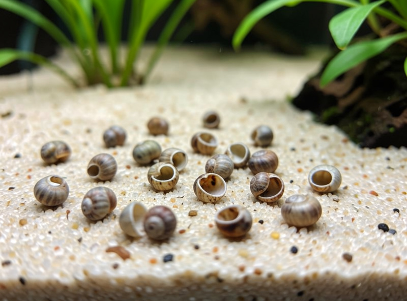 Empty pest snail shells left on aquarium substrate after assassin snails have fed