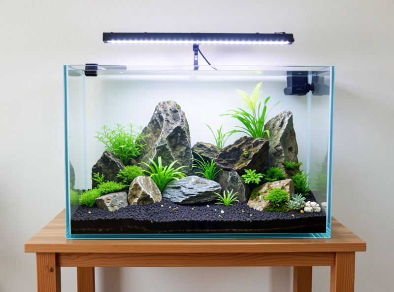 A 10 gallon rectangular rimless aquarium with a rock-and-plant aquascape lit by a clip-on LED bar