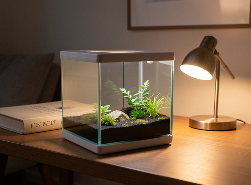 A compact 5 gallon all-in-one nano tank on a desk beside a book and a small lamp