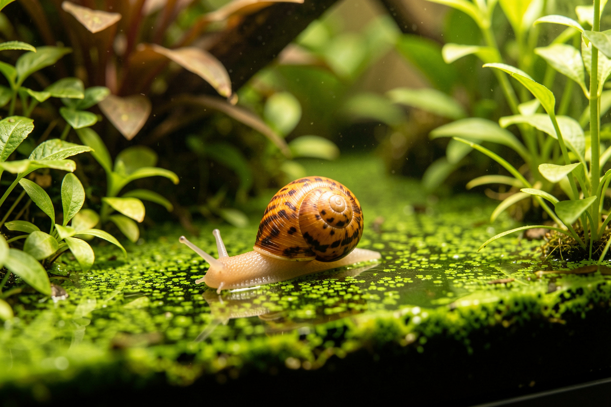 Nerite snail grazing green spot algae on planted nano tank glass