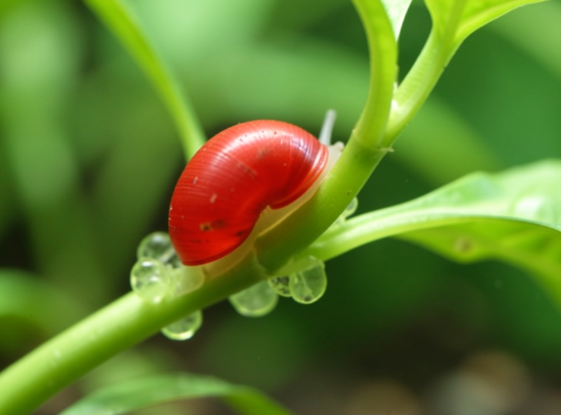 A red ramshorn snail grazing soft green algae on a plant stem in a nano aquarium