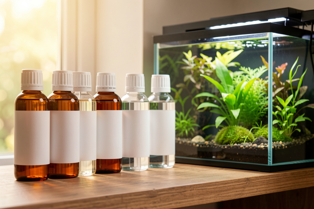 A row of liquid aquarium fertilizer bottles on a shelf beside a lush planted nano tank