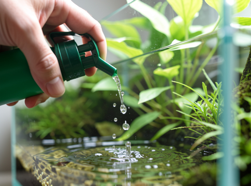 A hand dosing liquid fertilizer from a pump bottle into a planted nano aquarium