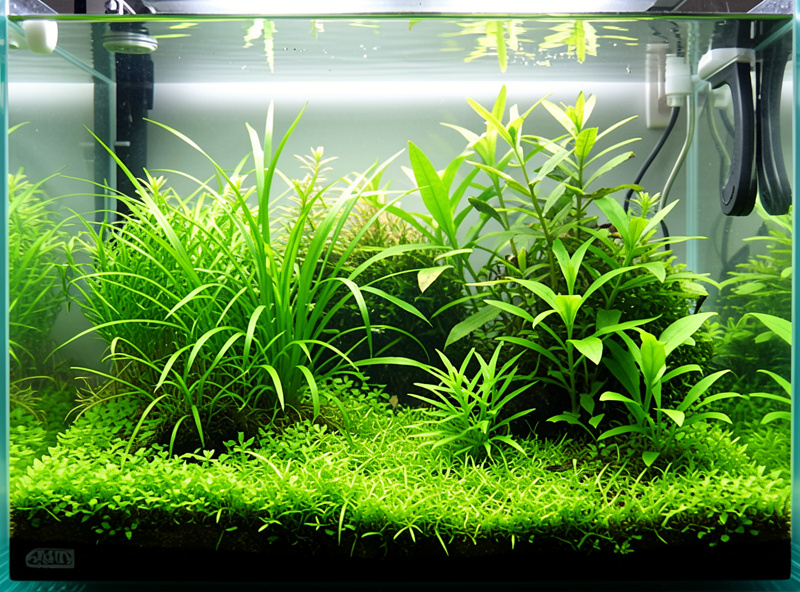 A thriving densely planted nano aquarium with vivid green carpet and healthy stem plants