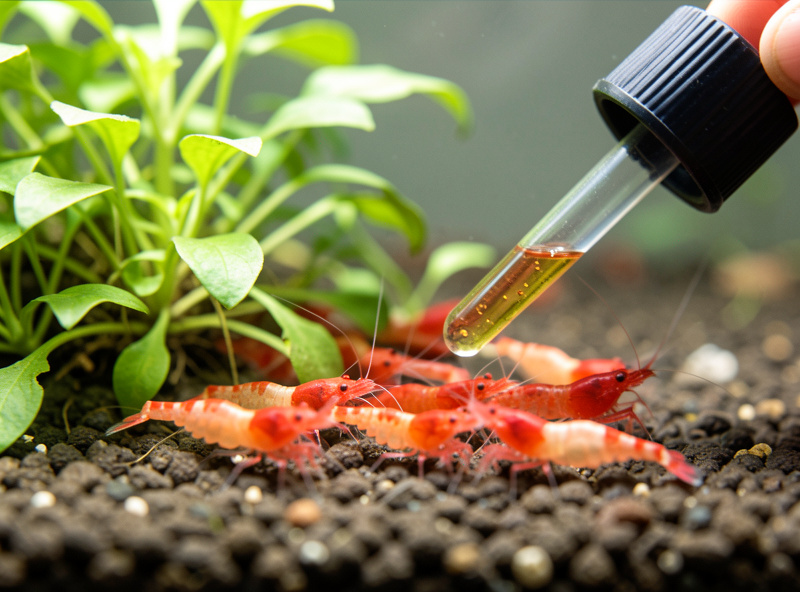 A small aquarium of red cherry shrimp grazing on plants with a dropper dosing fertilizer nearby