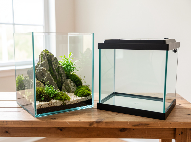 A rimless low-iron glass cube aquarium beside a black-rimmed all-in-one kit tank on a bench