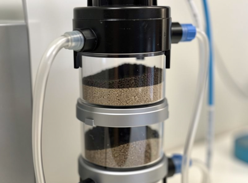 Stacked filter canisters of an RO/DI unit showing sediment and carbon stages