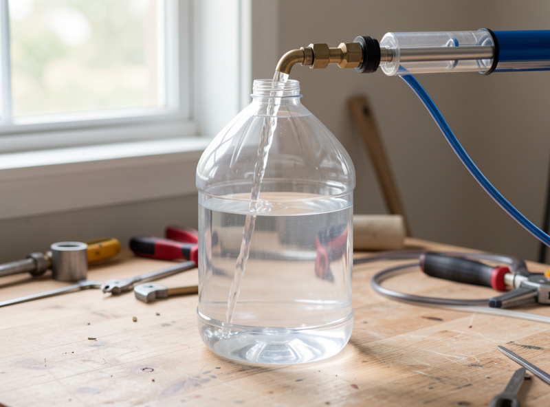 A clear jug being filled with purified water from an RO system output line