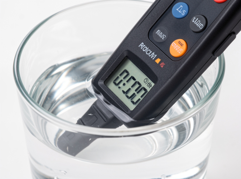 Digital TDS meter reading zero in a glass of freshly made RO DI water