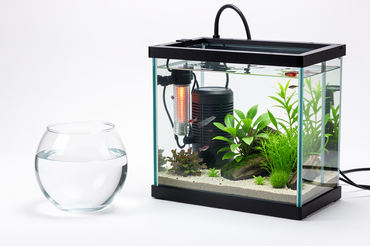 An empty betta bowl beside a properly equipped heated planted aquarium