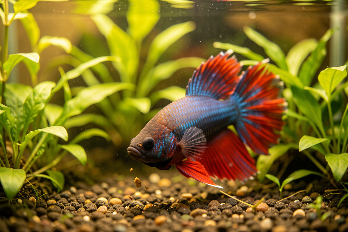 A healthy betta eating at the surface of a planted nano aquarium