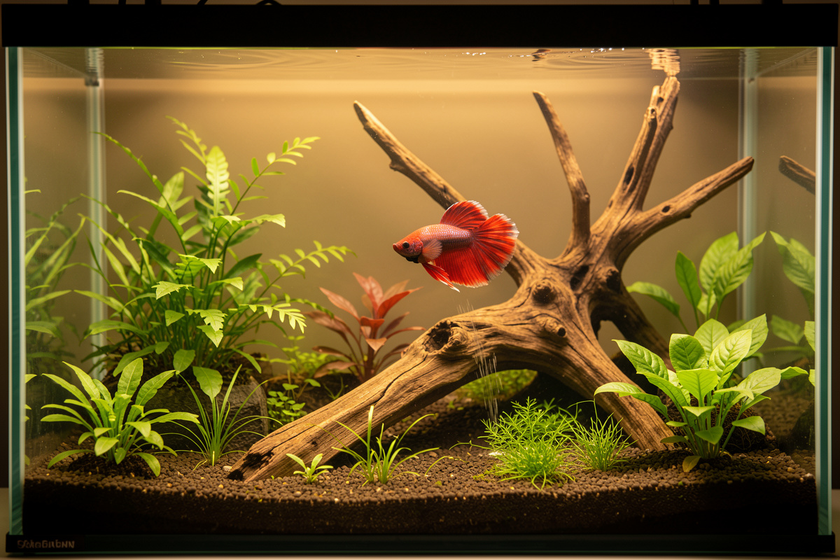 A betta swimming comfortably in a calm planted nano tank with gentle flow