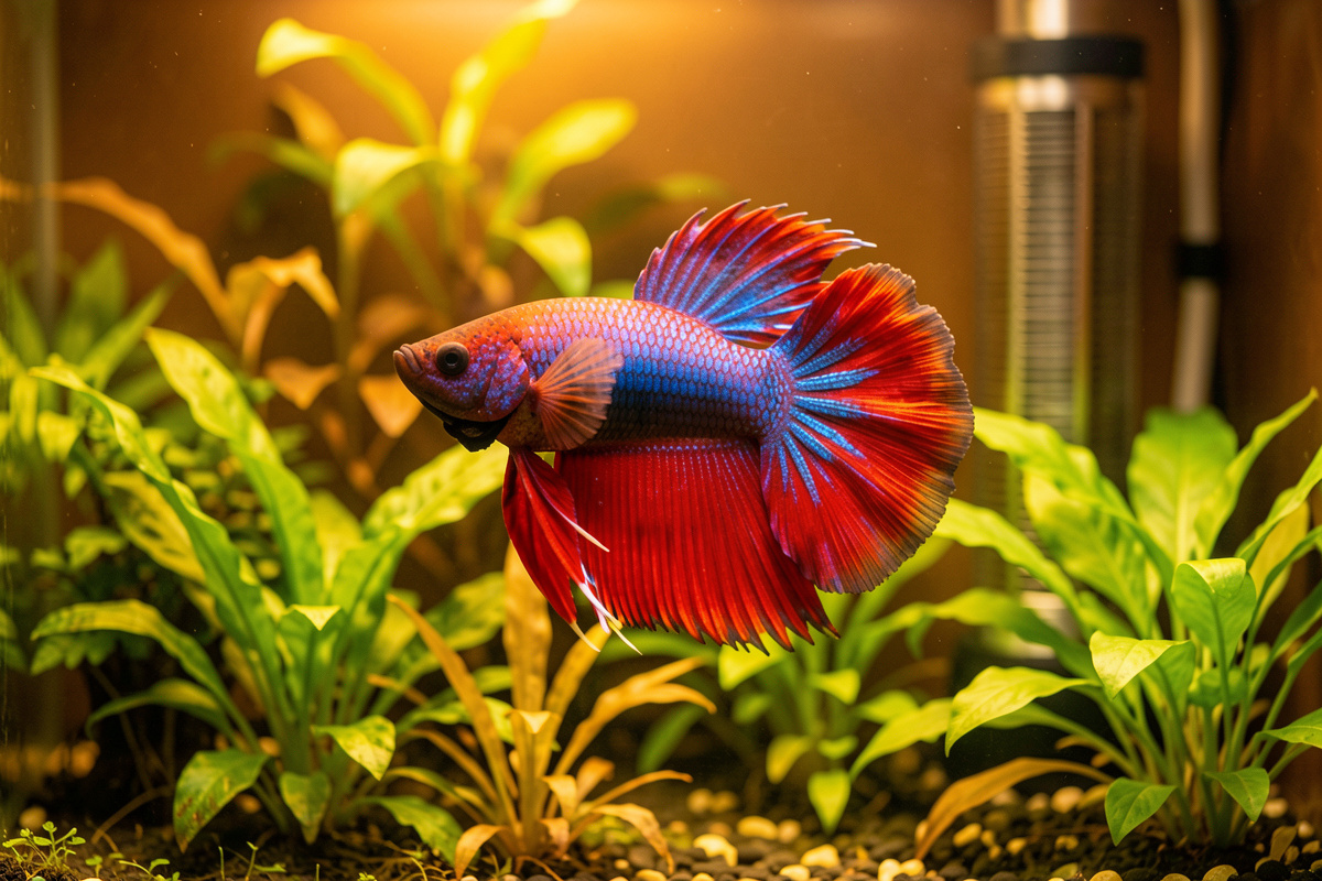 A healthy vividly coloured betta in a warm planted aquarium with a heater