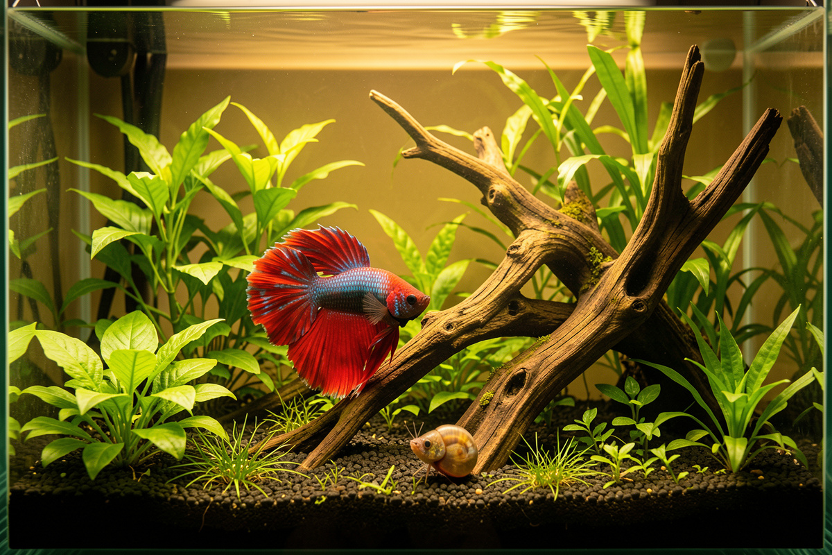 A betta and a nerite snail in a heavily planted nano aquarium